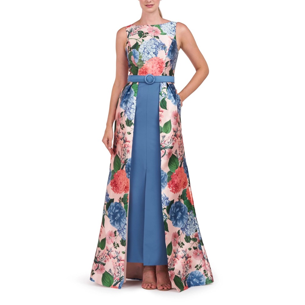 Kay Unger New York Floral Walk-Thru Gown Blue Pink Hydrangea print Size 6 NWT